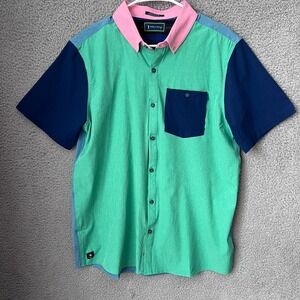 William Murray Mens Large Green Colorblock Button Up Short‎ Sleeve Performance